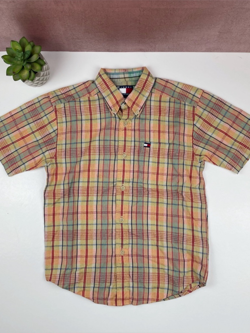 Tommy Hilfiger Orange Red Plaid Collared Short Sleeve Button Down Shirt Boy 7
